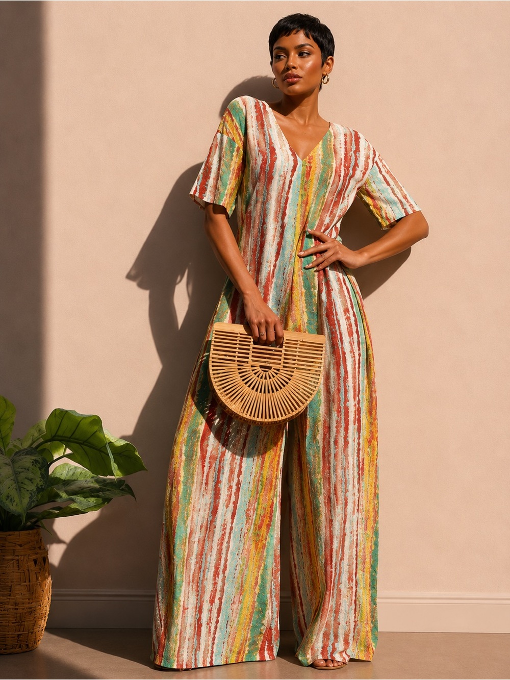 Striped V-Neck Wide-Leg Jumpsuit in Multi-Color